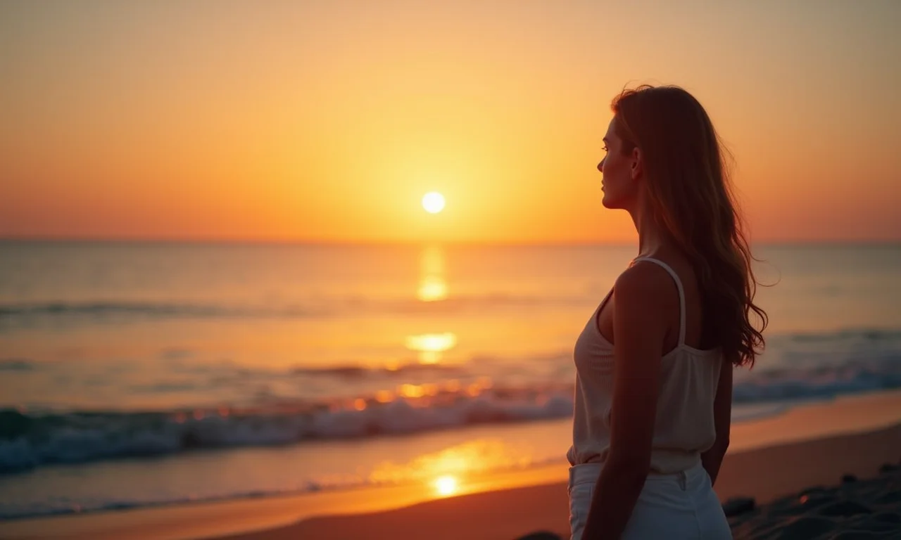 Mulher contemplando o mar calmo ao pôr do sol, sentindo a conexão com suas emoções e intuição.