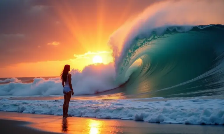 Mulher contemplando onda gigante ao pôr do sol, representando sonhos e emoções intensas.