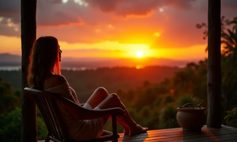 Mulher contemplando pôr do sol, pensando em entes queridos falecidos. Decoração estilo Farm Rio.