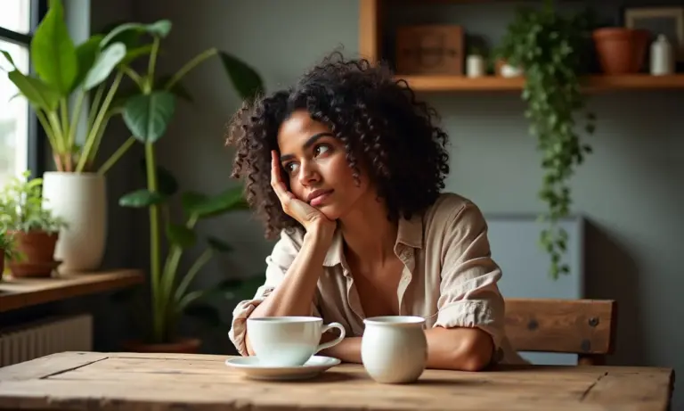 Mulher contemplando xícara de porcelana em ambiente aconchegante com decoração brasileira.