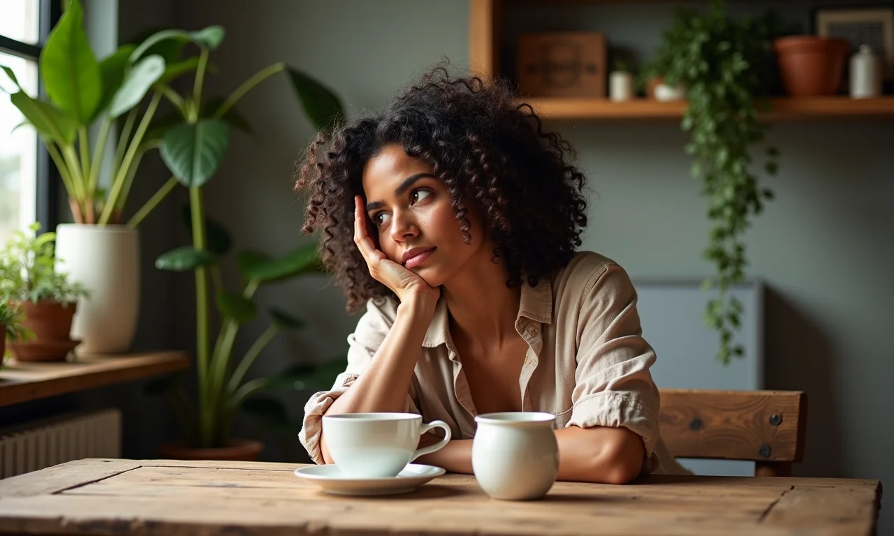 Mulher contemplando xícara de porcelana em ambiente aconchegante com decoração brasileira.