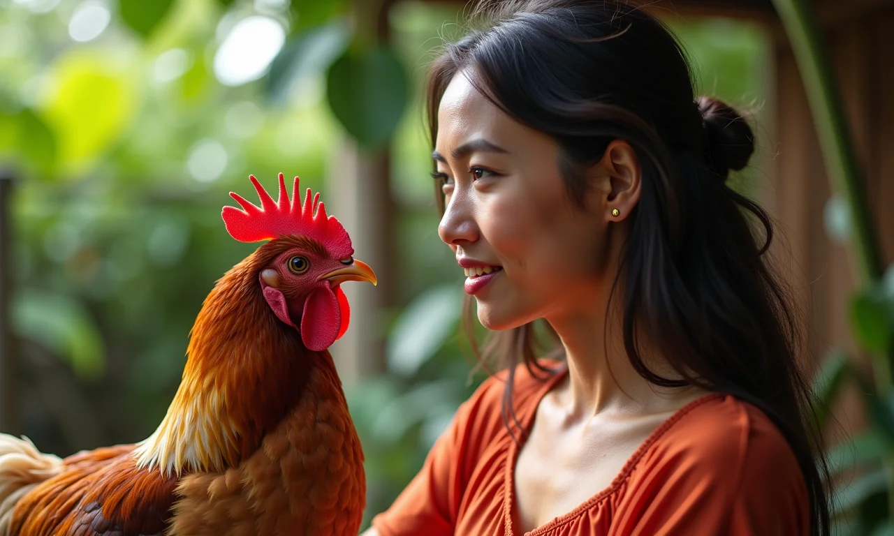 Mulher contemplativa observando galinha em quintal brasileiro ensolarado.