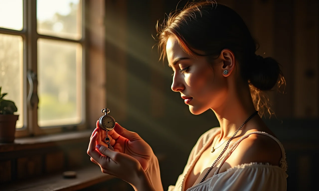 Mulher contemplativa olhando para um relógio de bolso antigo, cena onírica.