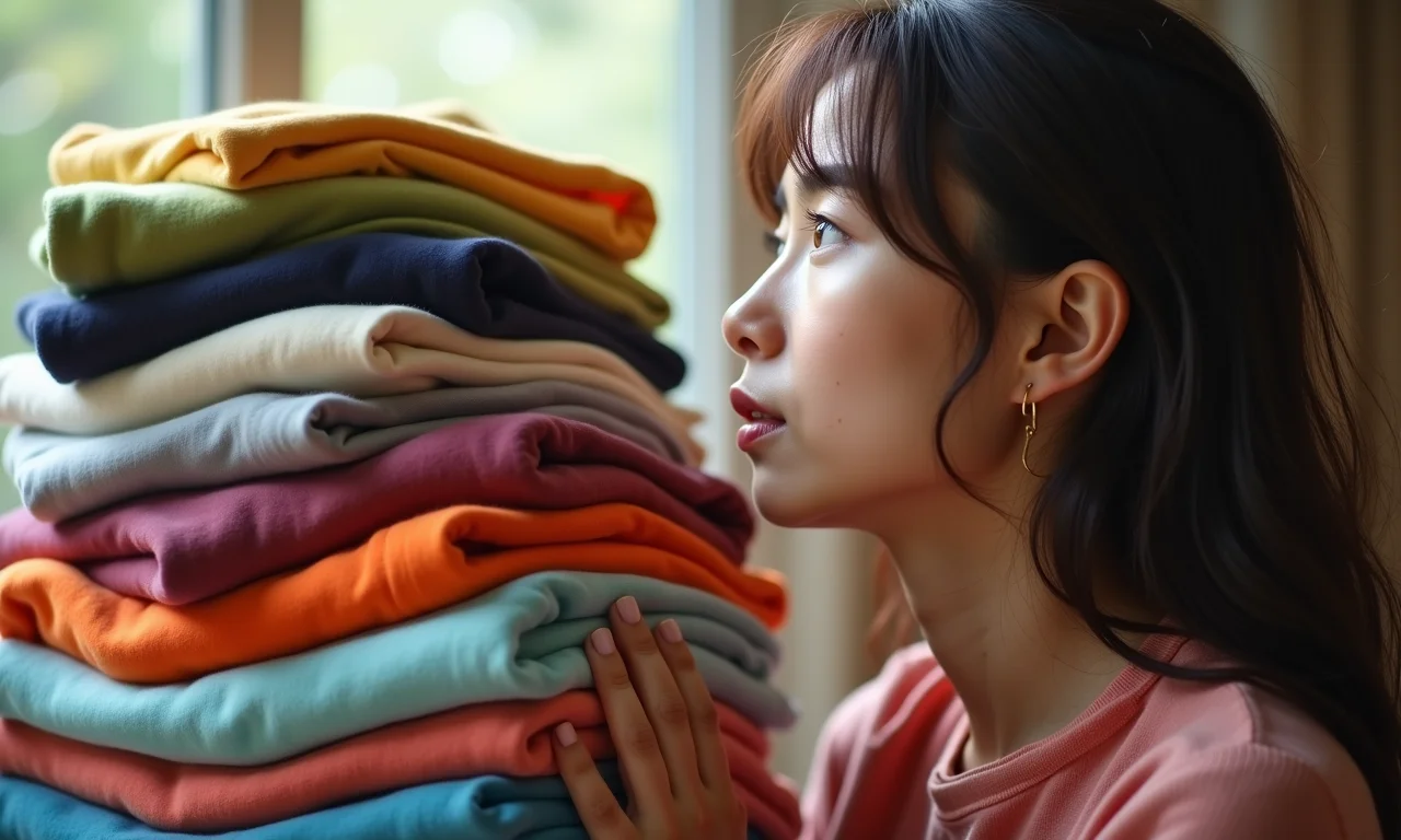 Mulher contemplativa olhando para uma pilha de roupas coloridas, representando sonhos e autoconhecimento.