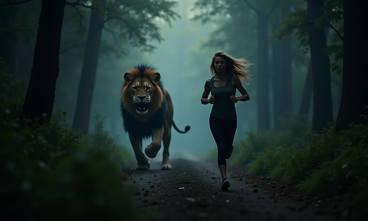 Mulher correndo de um leão em uma floresta escura.