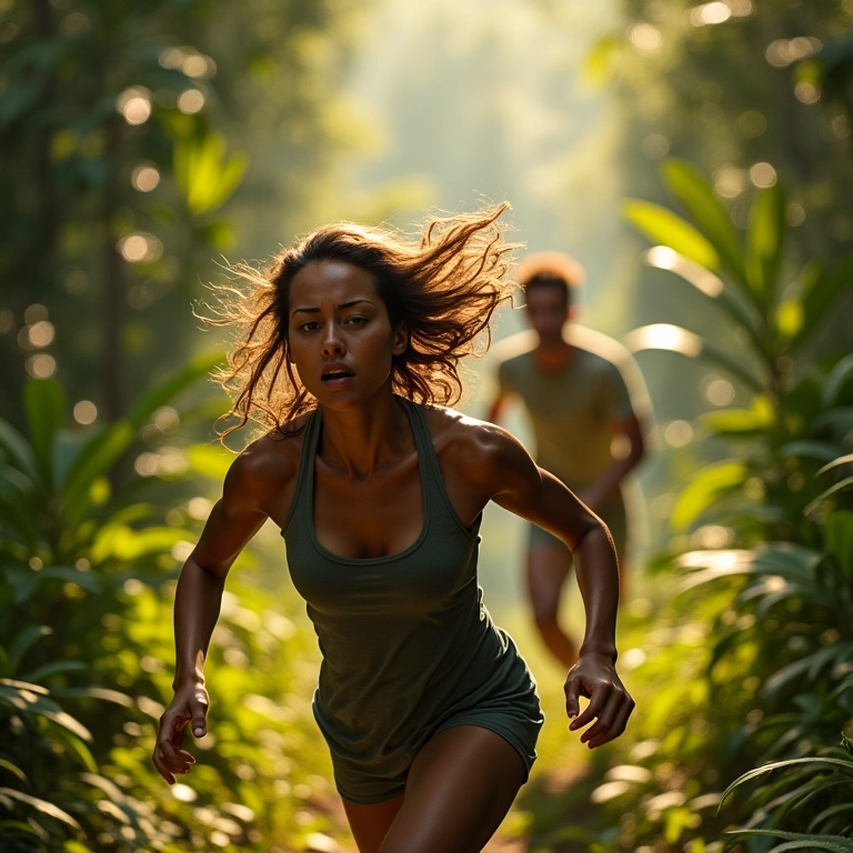 Mulher correndo em floresta brasileira sendo perseguida por homem desconhecido.