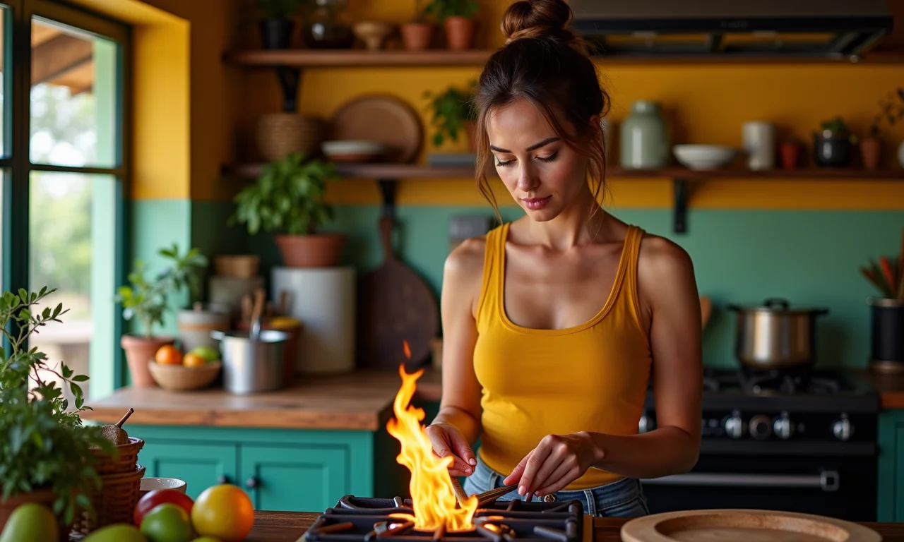Mulher cozinha em fogão com chama controlada, representando paixão e criatividade.