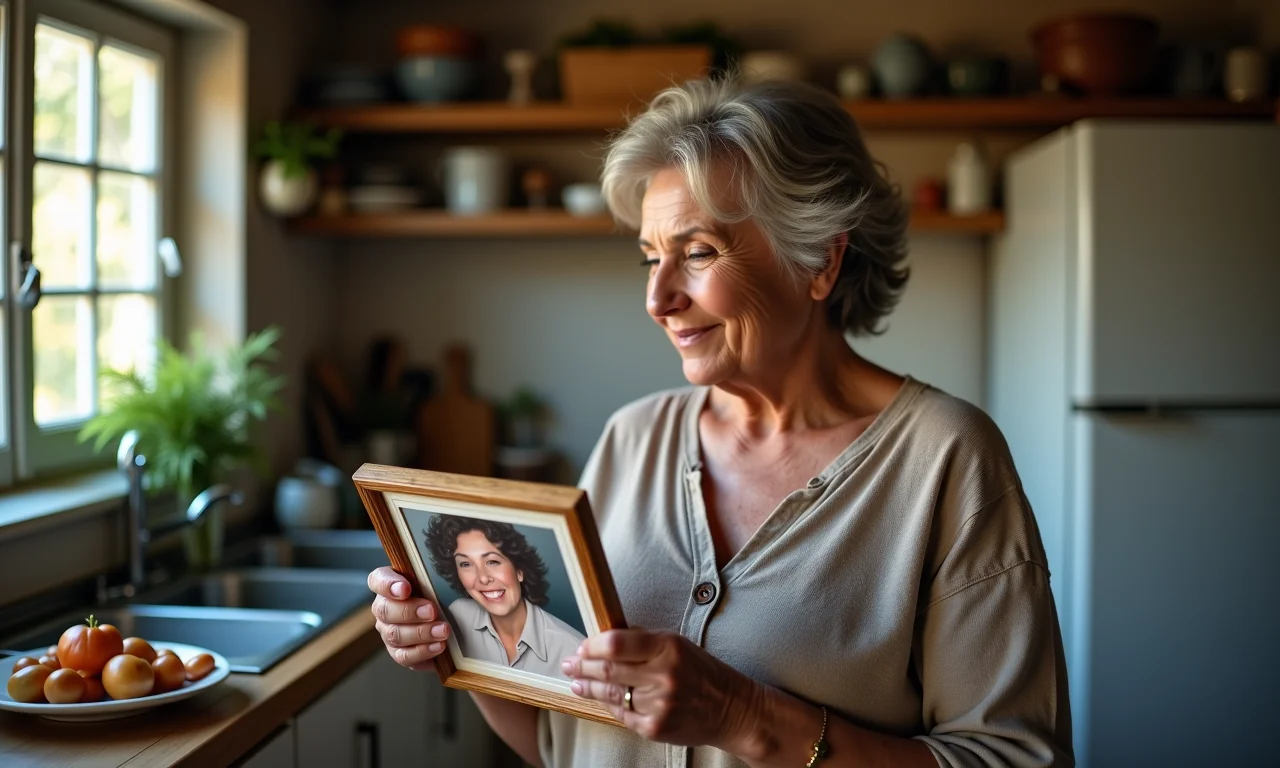 Mulher cozinha, saudosa, foto de familiar, cozinha aconchegante, estilo brasileiro.