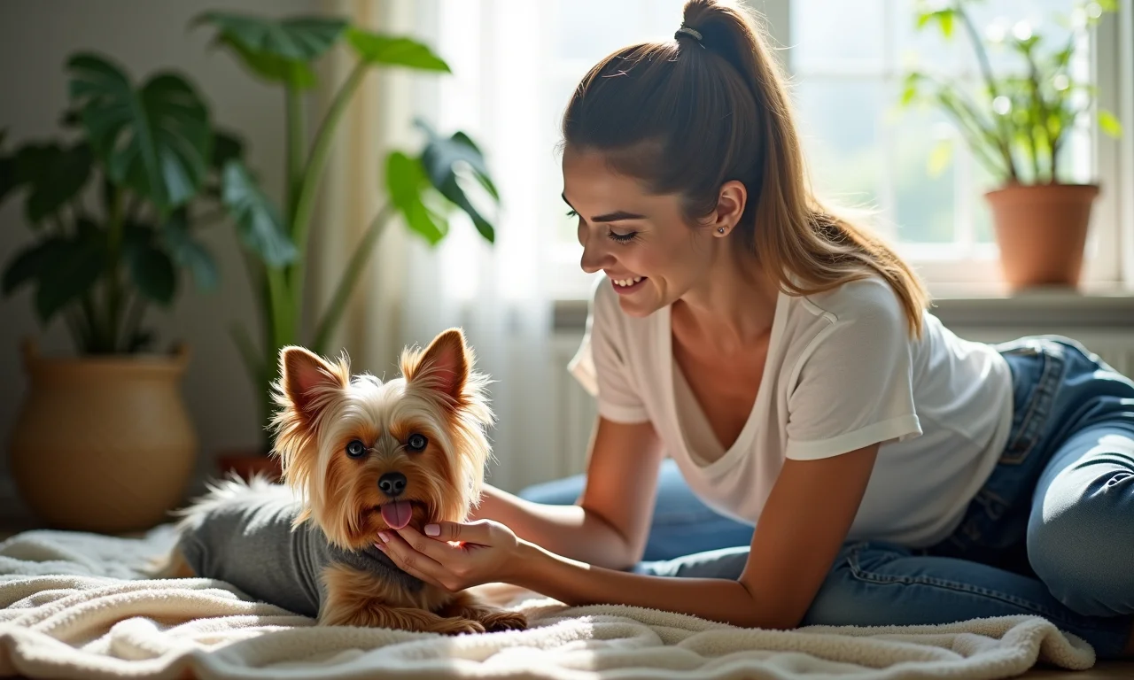 Mulher cuidando de Yorkshire Terrier doente em casa.
