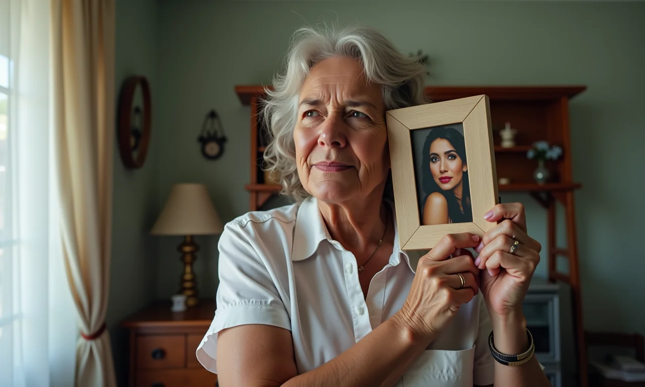 Mulher de meia-idade abraçando foto da mãe, expressando medo de perder entes queridos.