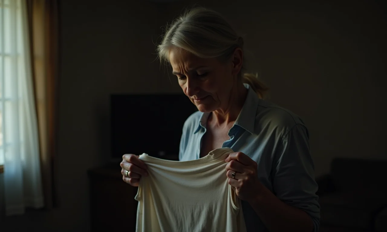 Mulher de meia-idade segurando uma camisa velha e rasgada, simbolizando inseguranças e dificuldades.