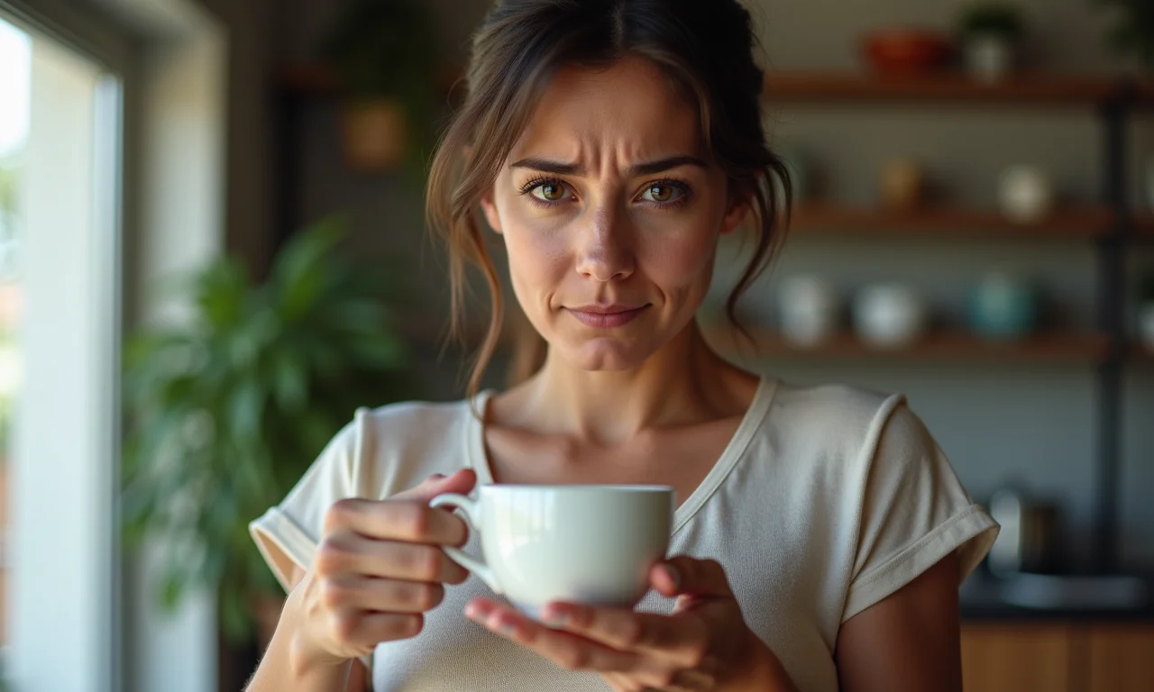 Mulher desapontada segurando xícara quebrada.