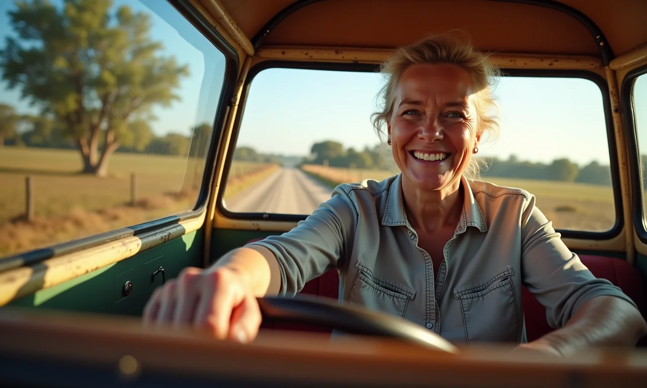 Mulher dirigindo uma Kombi antiga em estrada de terra, simbolizando controle e liberdade.