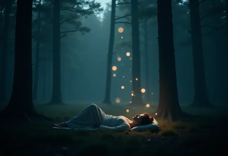 Mulher dormindo em sono profundo com orbes luminosos ao redor.
