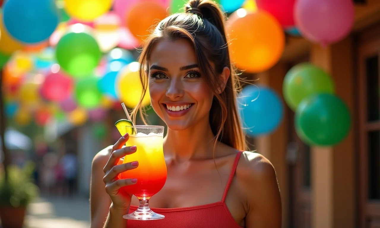 Mulher elegante celebrando aniversário com decoração colorida.