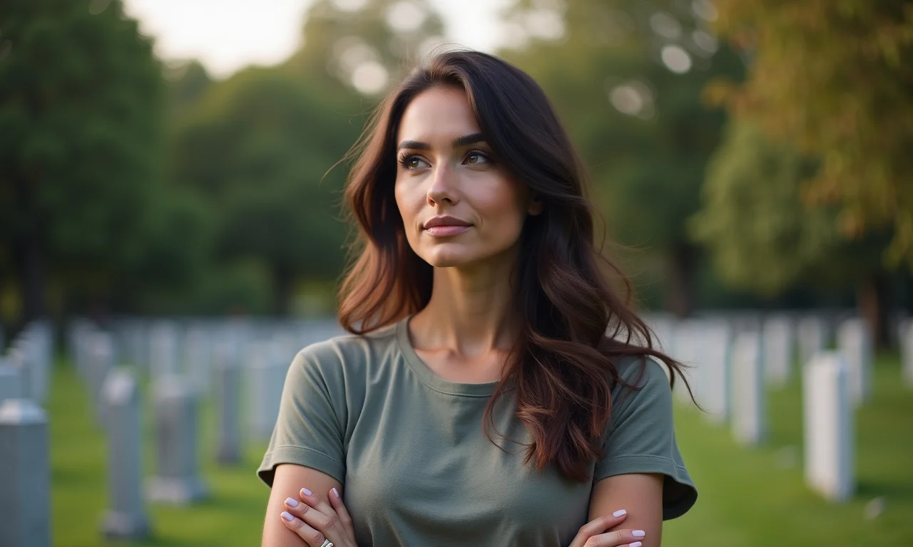 Mulher em cemitério com expressão pensativa, momento de perdão.