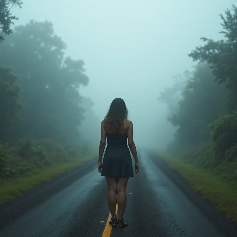 Mulher em encruzilhada, paisagem misteriosa, sonhando com o desconhecido.