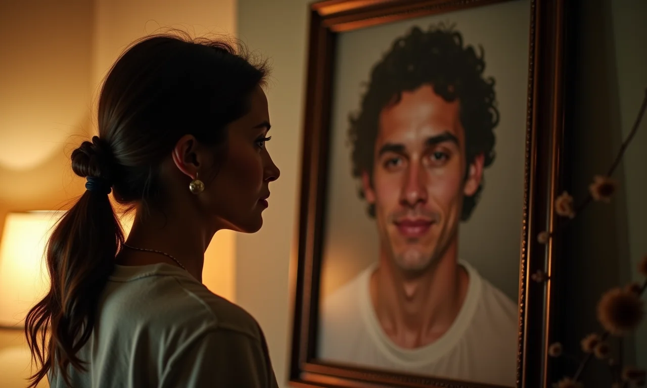 Mulher em frente à foto do irmão falecido, em ambiente com decoração brasileira.