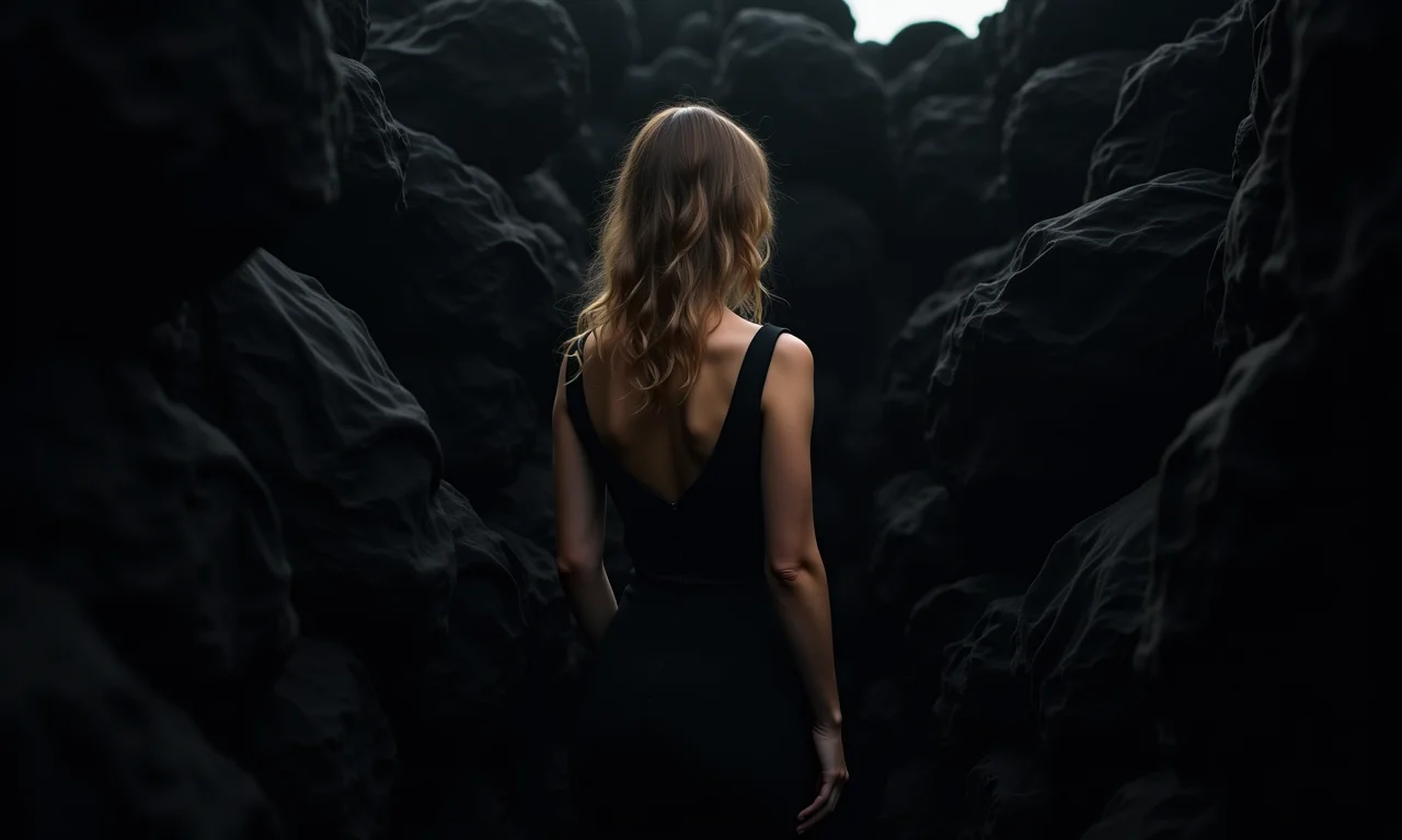 Mulher em vestido preto cercada por uma montanha de roupas escuras, simbolizando emoções reprimidas.