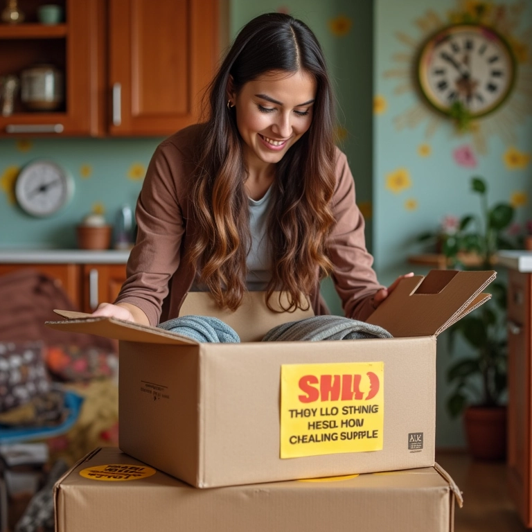 Mulher empacotando pertences em caixas marcadas com placas de venda em casa colorida.
