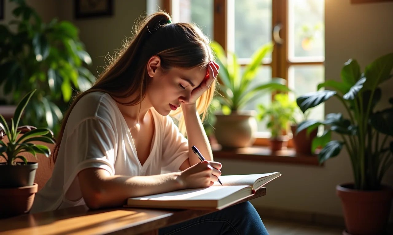 Mulher escreve em diário em sala ensolarada, processando o luto.