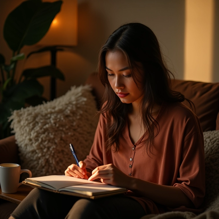 Mulher escrevendo em um diário após um sonho intenso.