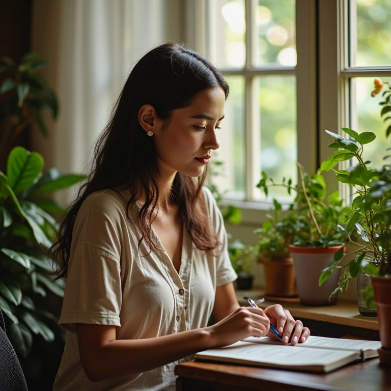 Mulher escrevendo sobre sonhos de viagem em diário, em apartamento aconchegante com decoração brasileira.