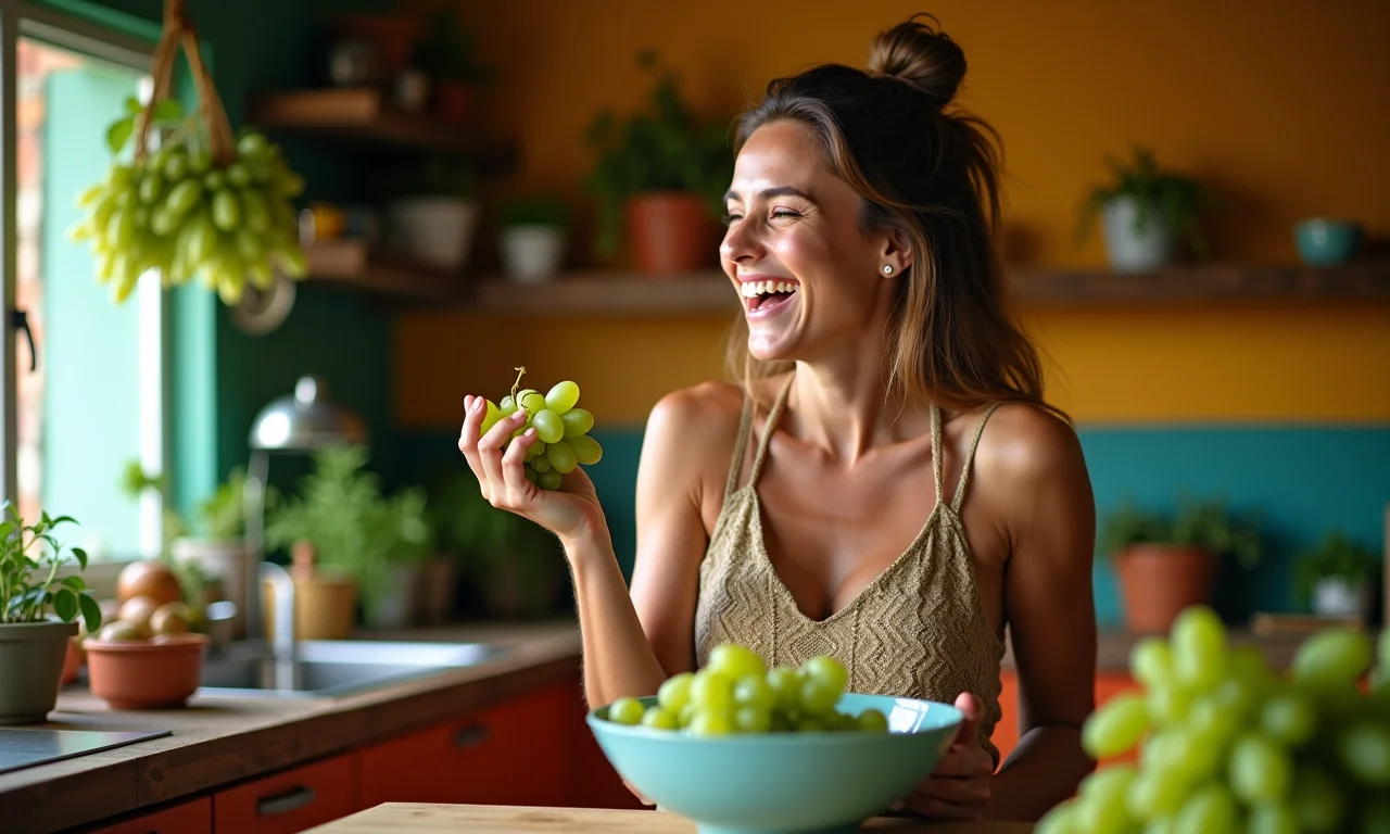 Mulher feliz comendo uvas verdes em cozinha brasileira colorida, interpretando sonho comendo uva.