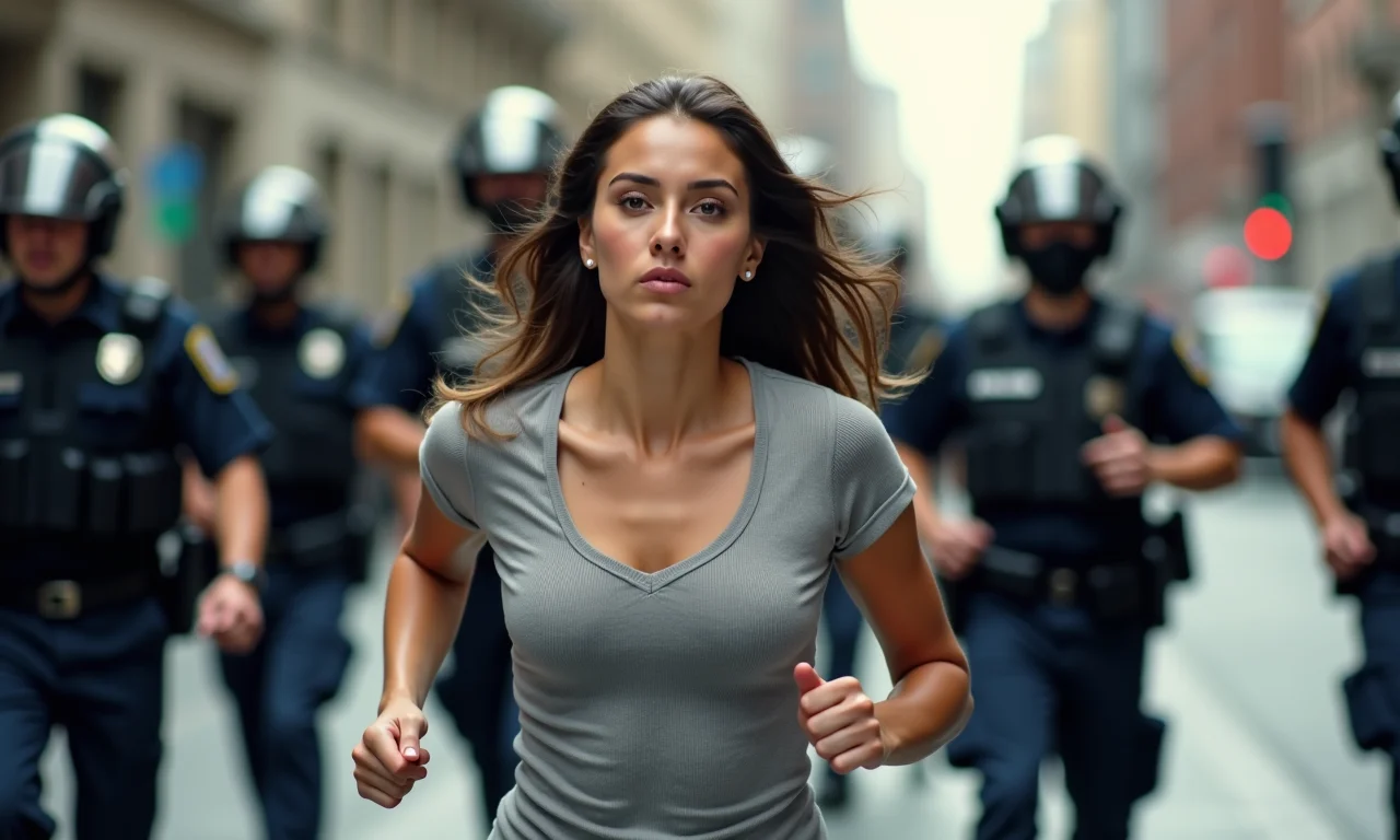 Mulher fugindo da polícia em cenário urbano, demonstrando desespero e medo.