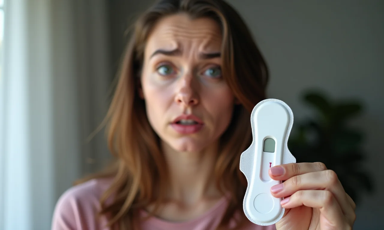 Mulher grávida confusa olhando para um teste de gravidez positivo e um absorvente.