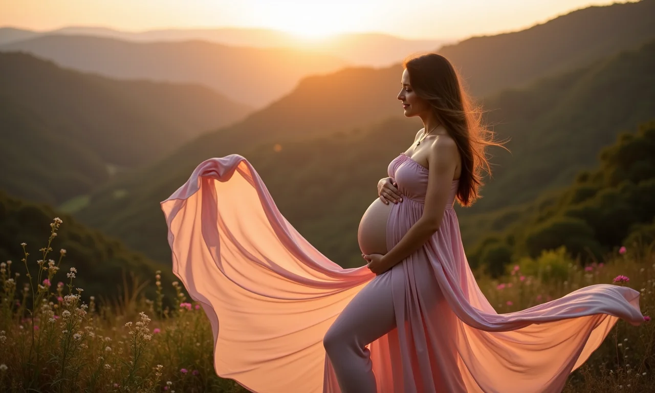 Mulher grávida meditando em paisagem brasileira, sonhando com novos projetos.