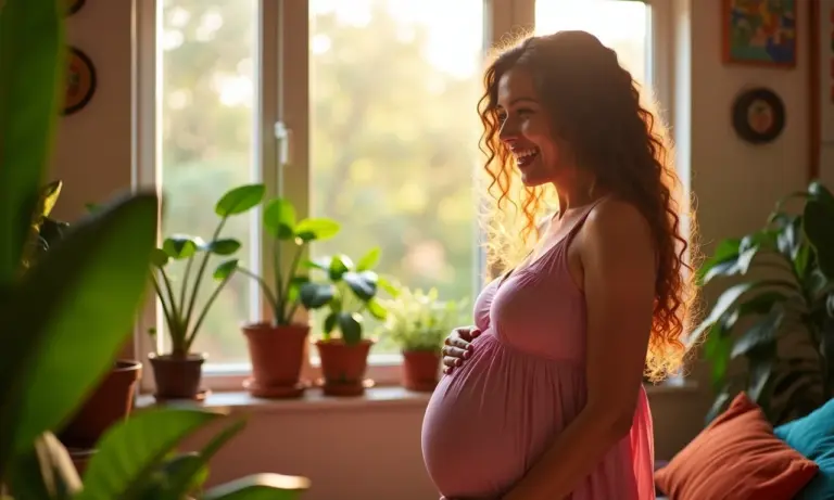 Mulher grávida radiante em lar brasileiro ensolarado, cercada por plantas vibrantes.