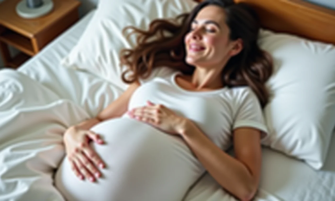 Mulher grávida sonhando com gêmeos, sorrindo suavemente.
