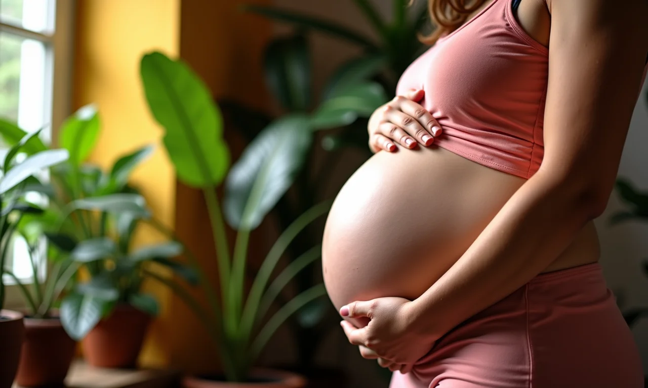 Mulher grávida sorrindo em casa decorada no estilo Farm Rio.