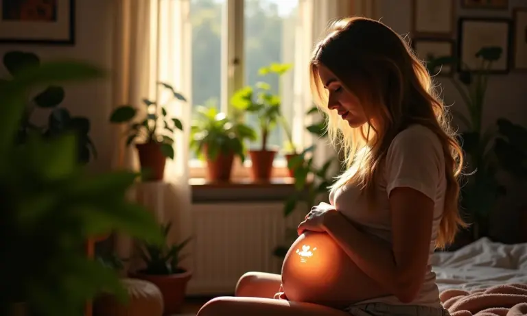Mulher grávida sorrindo para ultrassom em casa aconchegante e iluminada.