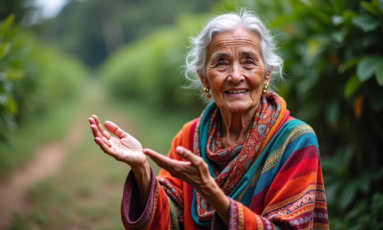 Mulher idosa brasileira oferecendo proteção e sabedoria, com um gesto de carinho.