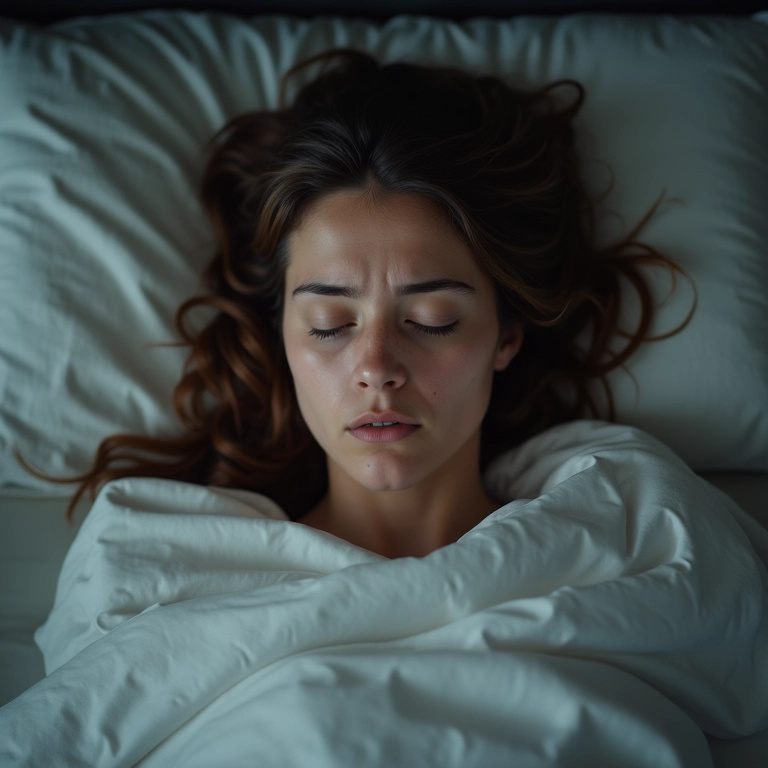 Mulher insone em cama colorida, com expressão preocupada, refletindo sobre traição em sonho.