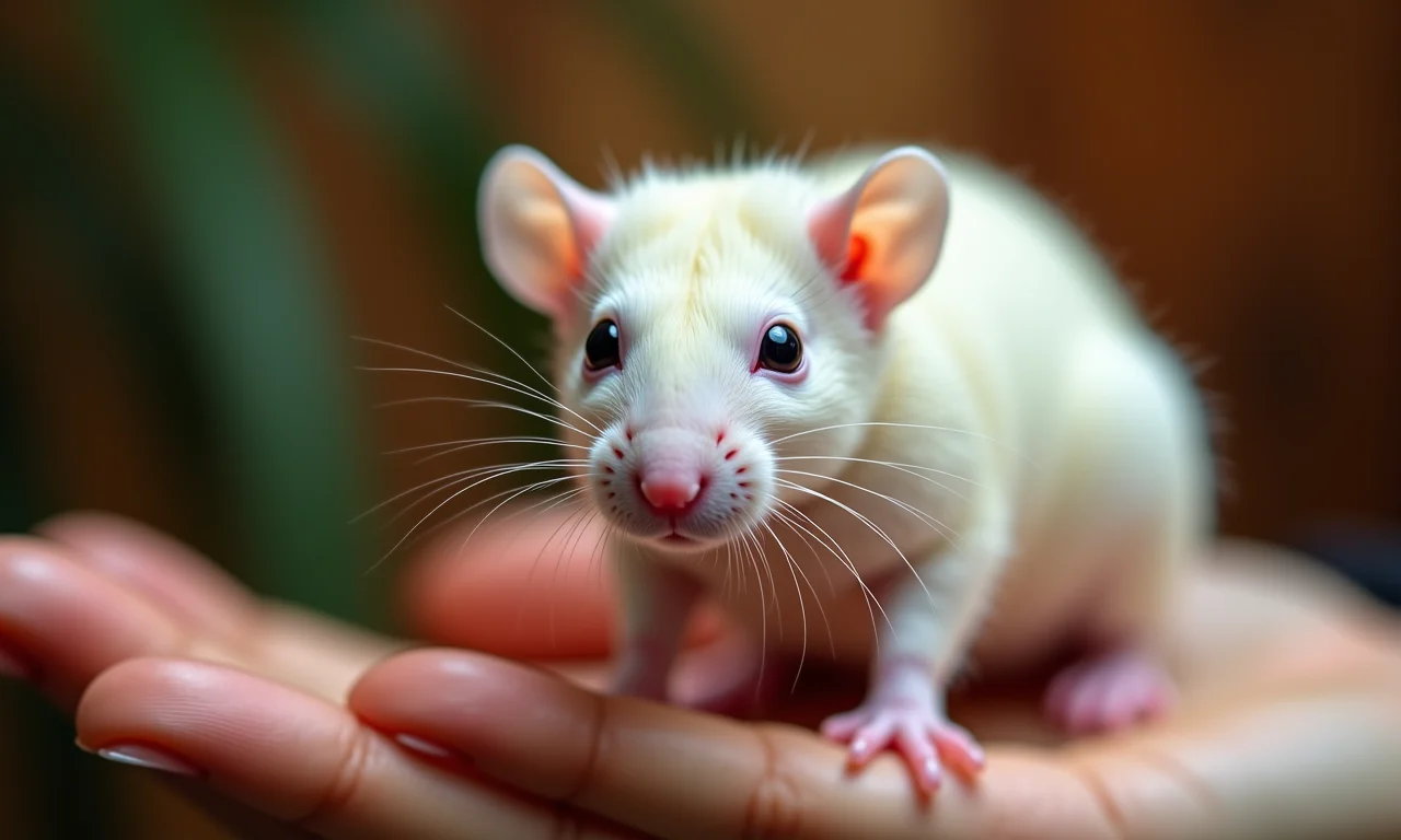 Mulher interagindo com um rato branco, simbolizando sonhos e autoconhecimento.