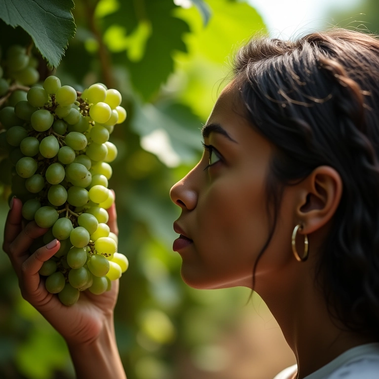 Mulher jovem contemplando uvas verdes, refletindo sobre imaturidade em projetos.