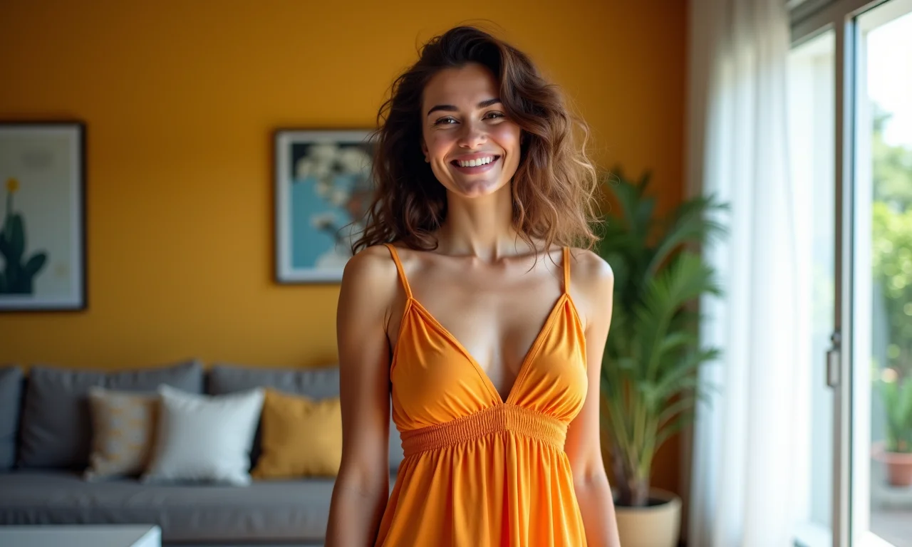 Mulher jovem exibe um vestido novo e colorido, simbolizando novos começos e autoexpressão.