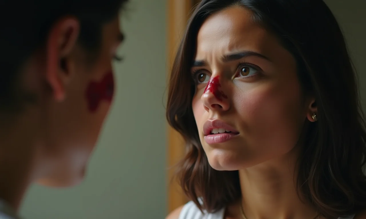 Mulher jovem observando outra pessoa com sangramento nasal, demonstrando preocupação.