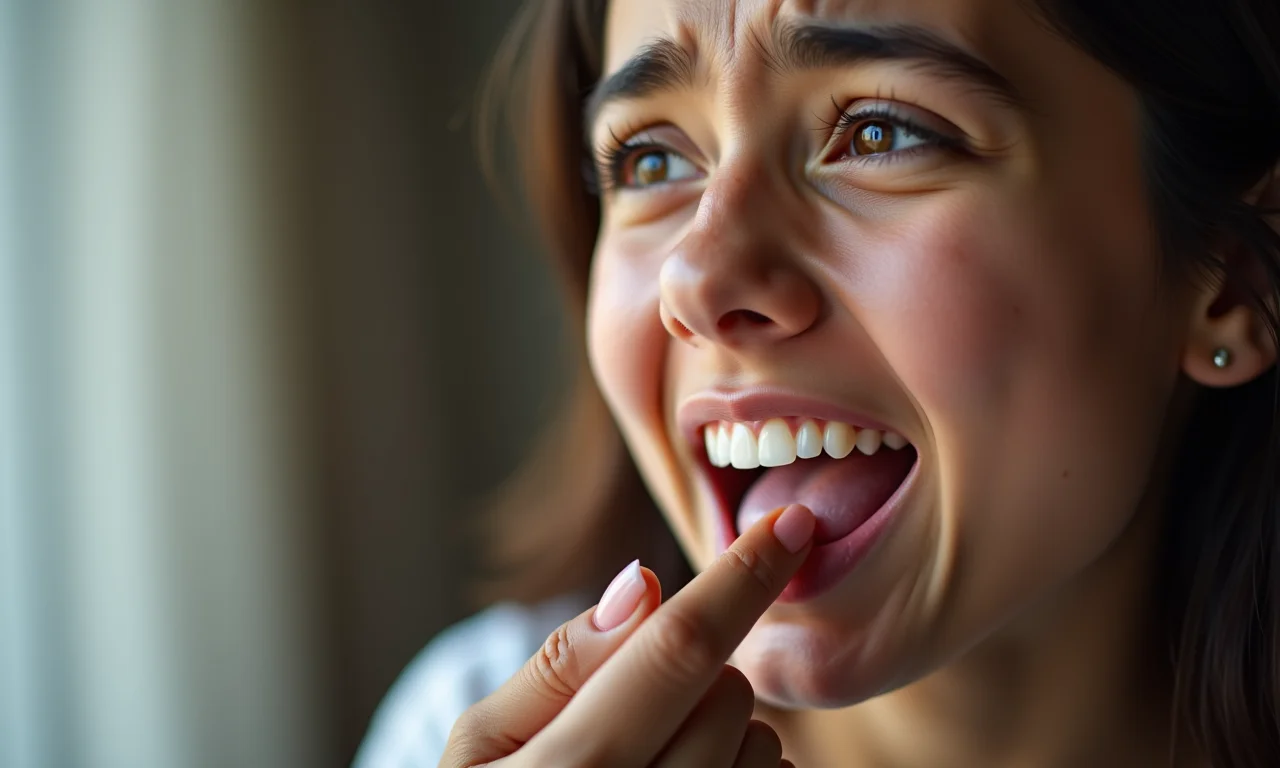 Mulher jovem preocupada tocando em dente mole.