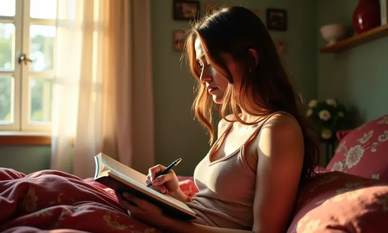 Mulher jovem refletindo sobre o significado de um sonho com menstruação em um diário.