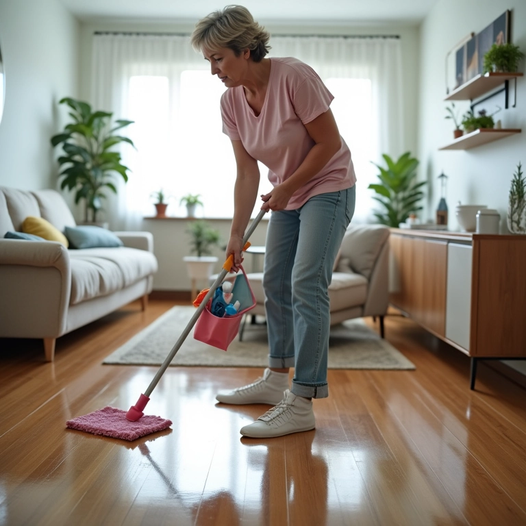 Mulher limpando xixi no chão com expressão de stress.