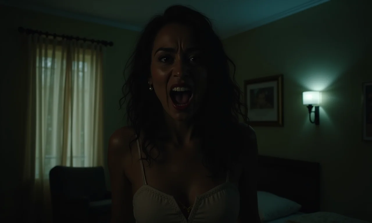 Mulher lutando contra ataque de vampiro em sonho, expressando medo e resistência.