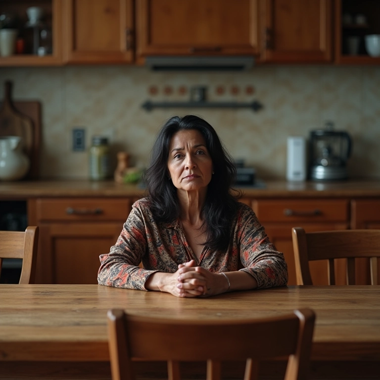 Mulher madura e triste sentada sozinha à mesa da cozinha com cadeiras vazias ao redor.