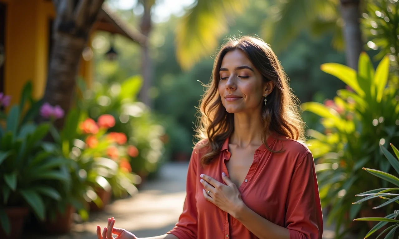 Mulher meditando em jardim brasileiro, buscando resolução para pendências.