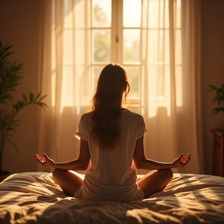 Mulher meditando em um quarto tranquilo após um pesadelo.