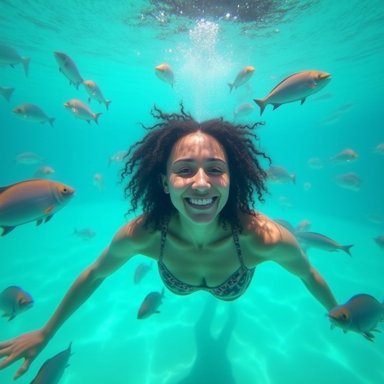 Mulher nadando em águas claras com cardume de peixes, simbolizando pureza e clareza nos sonhos.