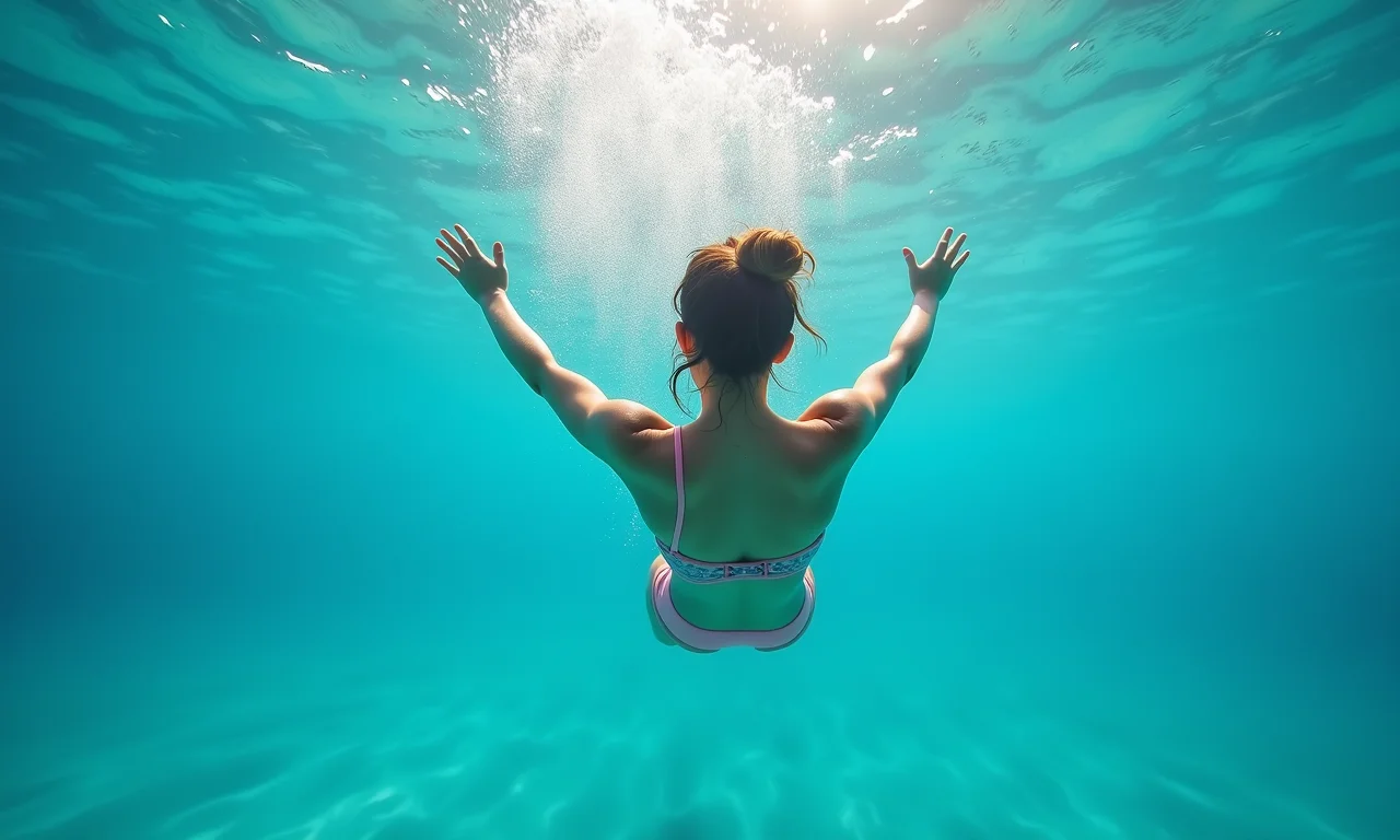 Mulher nadando em mar azul cristalino, representando liberdade e a fluidez das emoções.